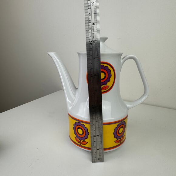 Vintage MCM Mid Century White Purpl Floral Lid Space Age Porcelain Coffee Teapot - Picture 6 of 6